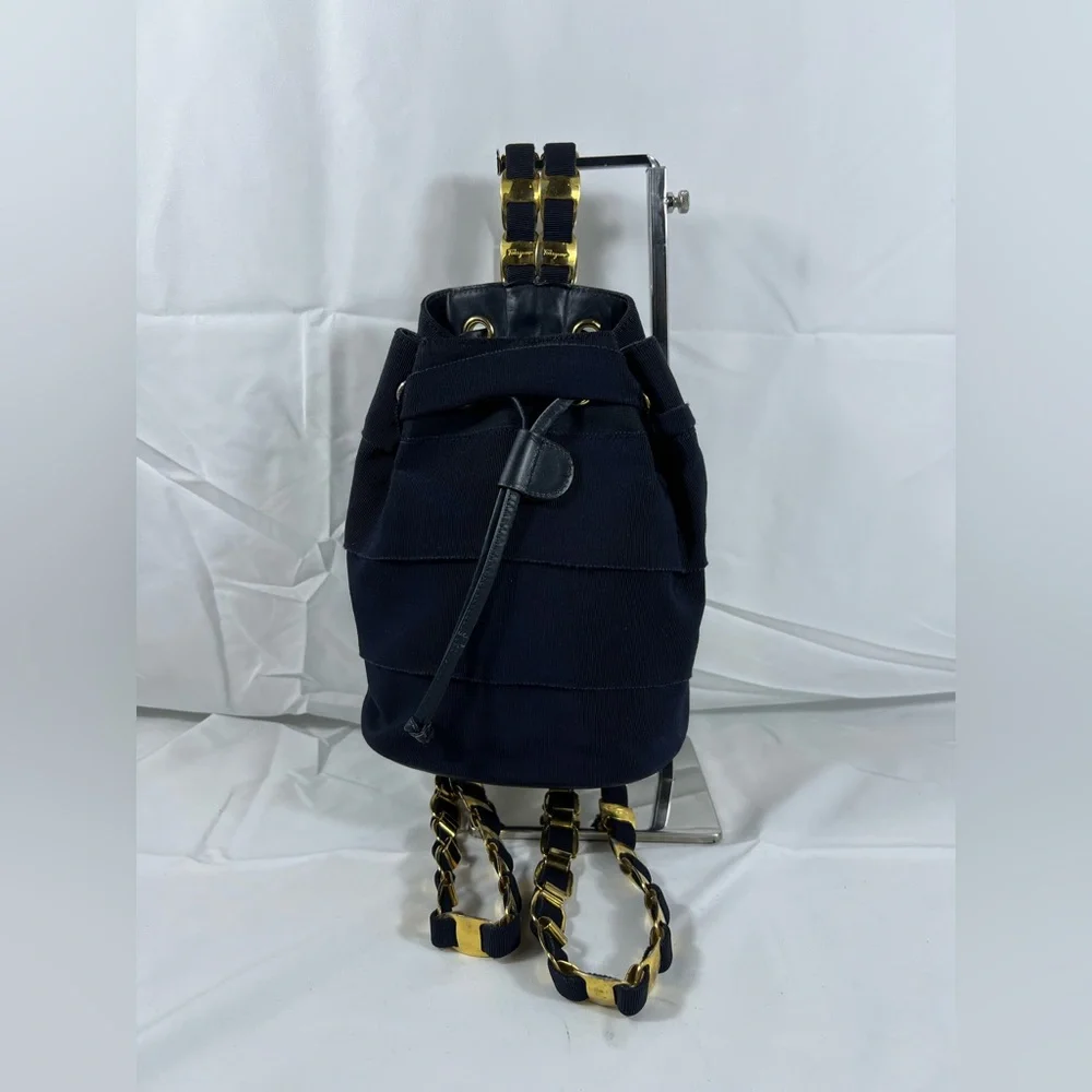3130: Vintage Salvatore Ferragamo Navy Grosgrain Chain Backpack